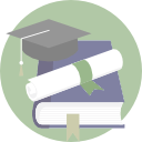 A graduation hat next to a diploma on top of a thesis book. Illustration.