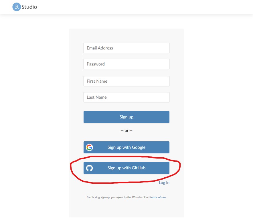 RStudio Cloud sign up with GitHub screenshot
