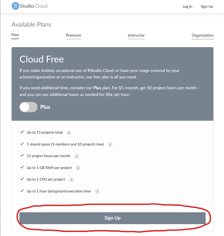 RStudio Cloud sign up screenshot