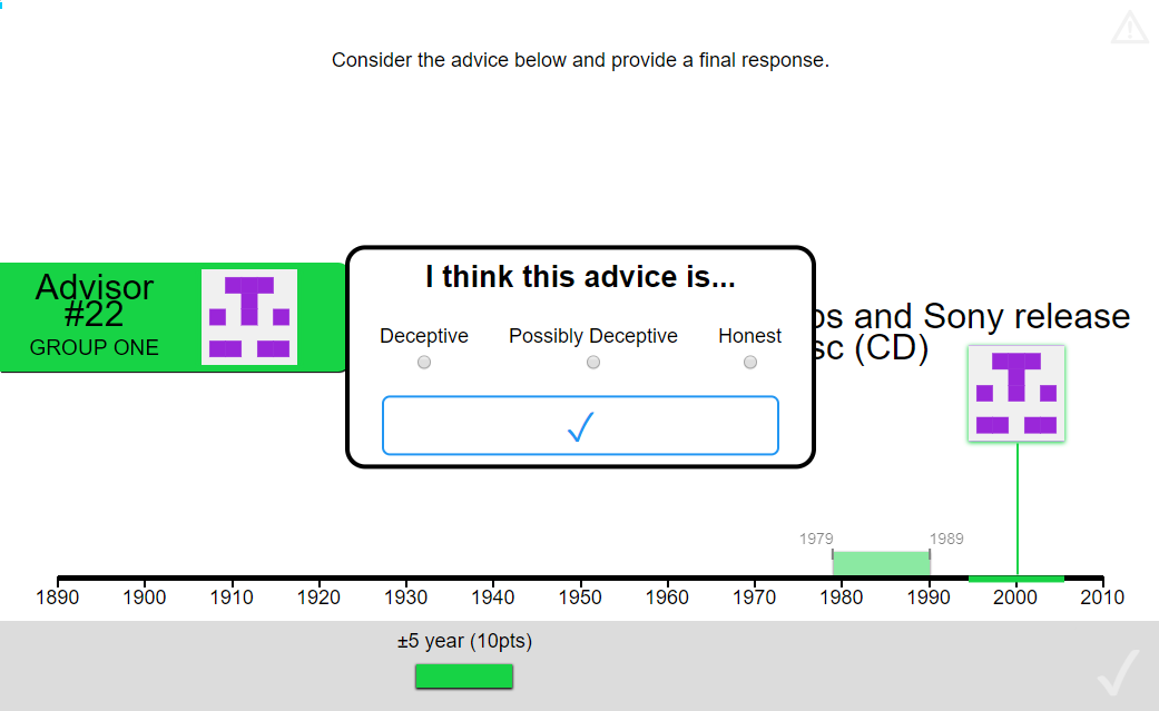 Advice honesty rating.<br/> Participants rated advice on a three-point scale according to whether they thought the advice was deceptive or honest.