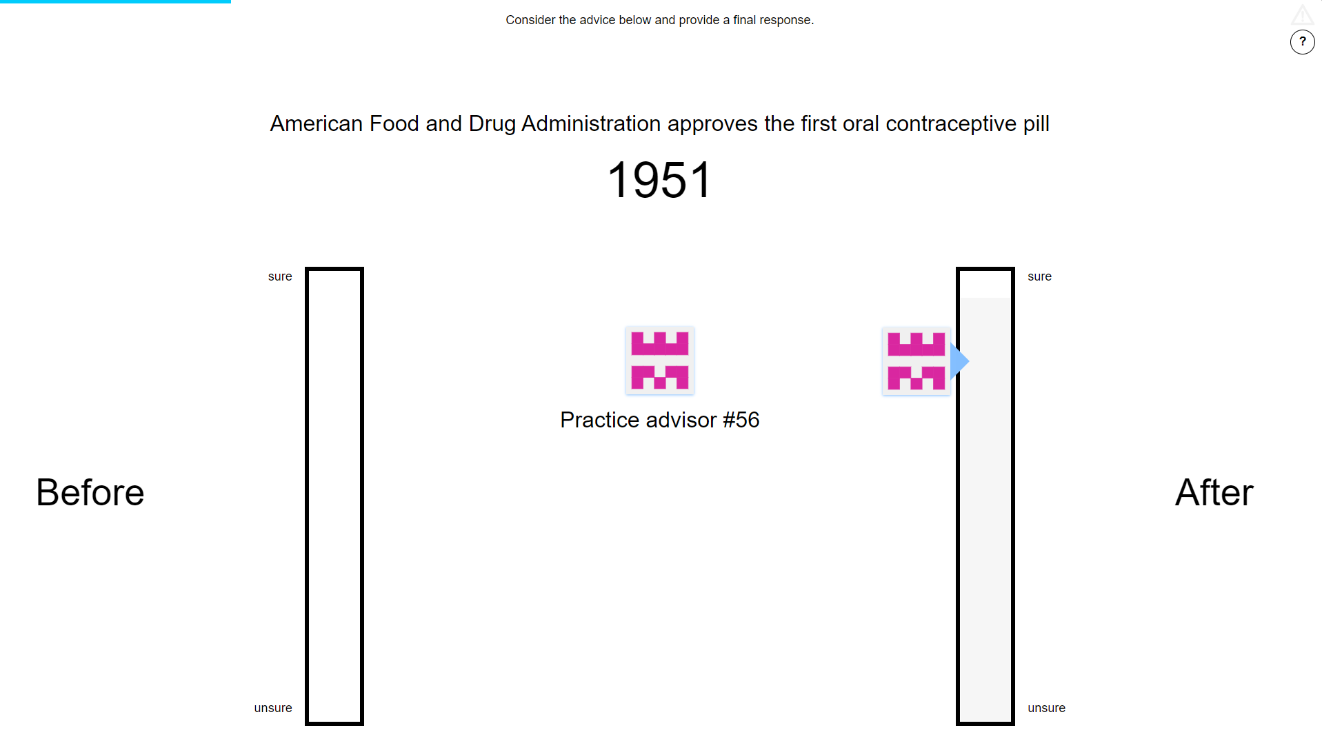 Advice confidence.<br/> Advisors' markers shifted position vertically to indicate the confidence with which the advice was given. As with the participants' own responses, higher placement on the column indicated higher confidence.