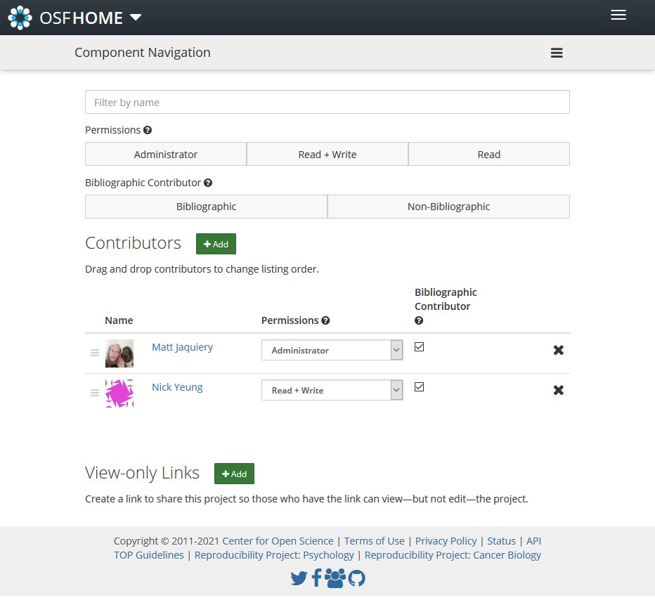 OSF Contributors management screenshot