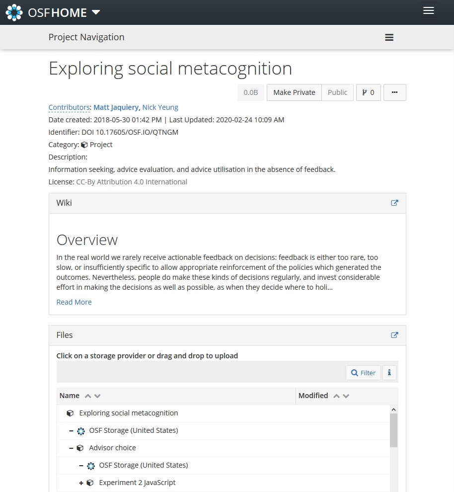 OSF Exploring Social Metacognition project screenshot